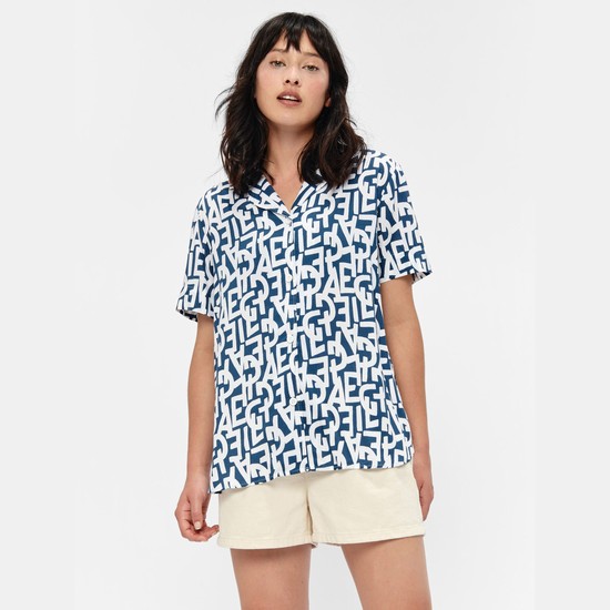 Aigle Short-sleeved Printed Blouse Shirts Women White/Blue ZA-53768